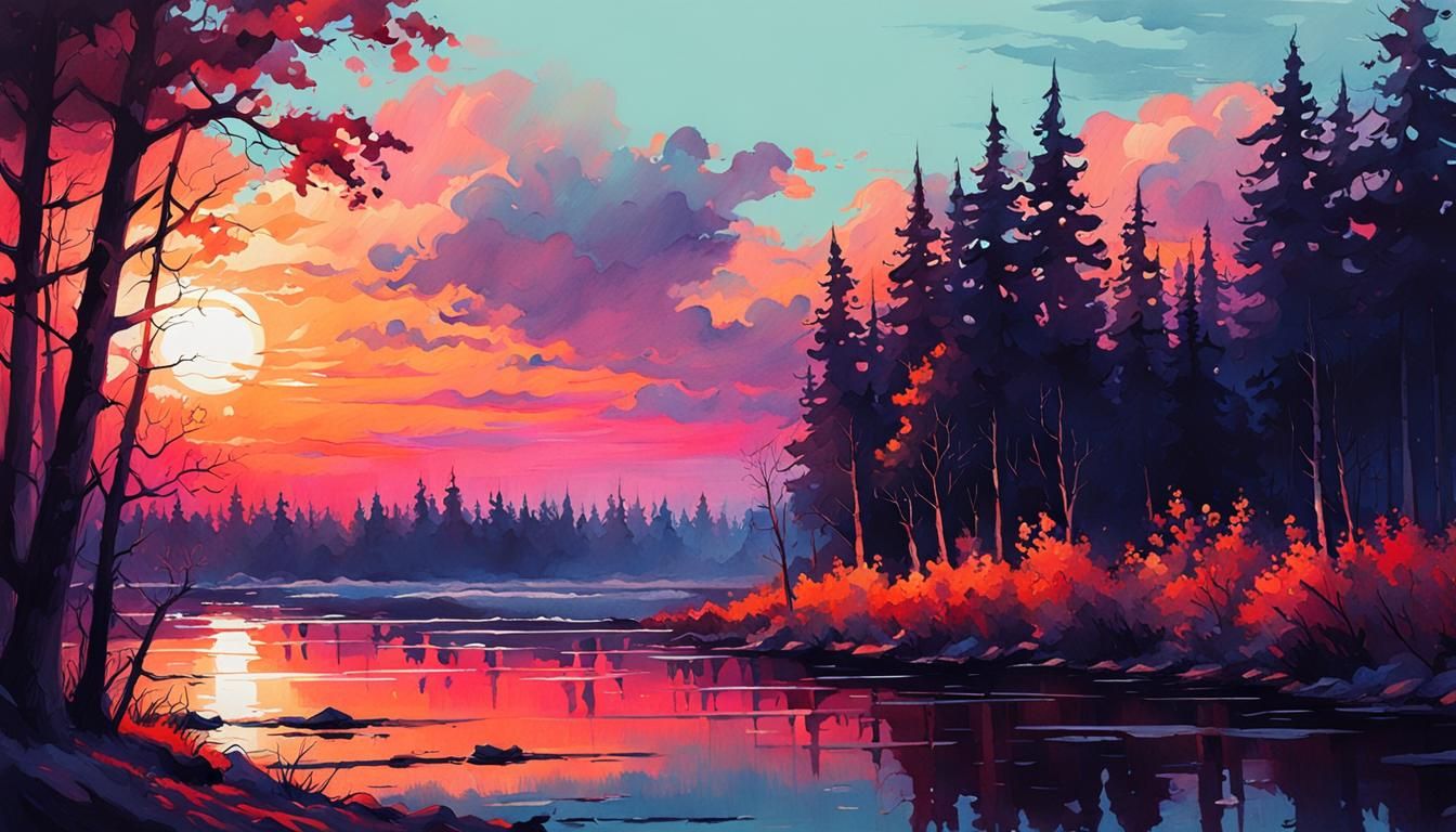 Vibrant Sunset Watercolor Painting with Brush Strokes