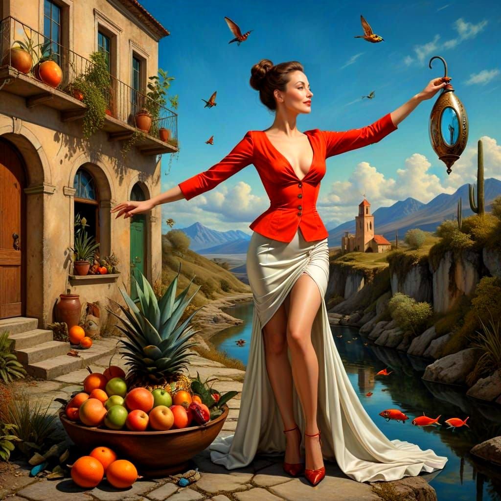 Surrealistic Portrait of a Happy Lady in Elegant Attire