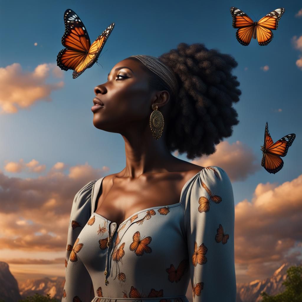 hyperrealistc black woman with a butterfly at the bottom of ...