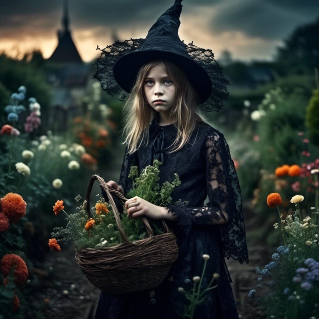 A girl dressed as a witch in a herb garden. <lora:Detailed realism:1.0> Intricate details, professional photography : dramatic lighting : ma...