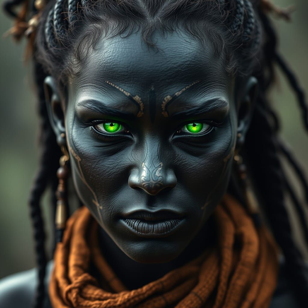 black warrior woman with glowing green eyes and ritual scarification on her face  by @Athanasius