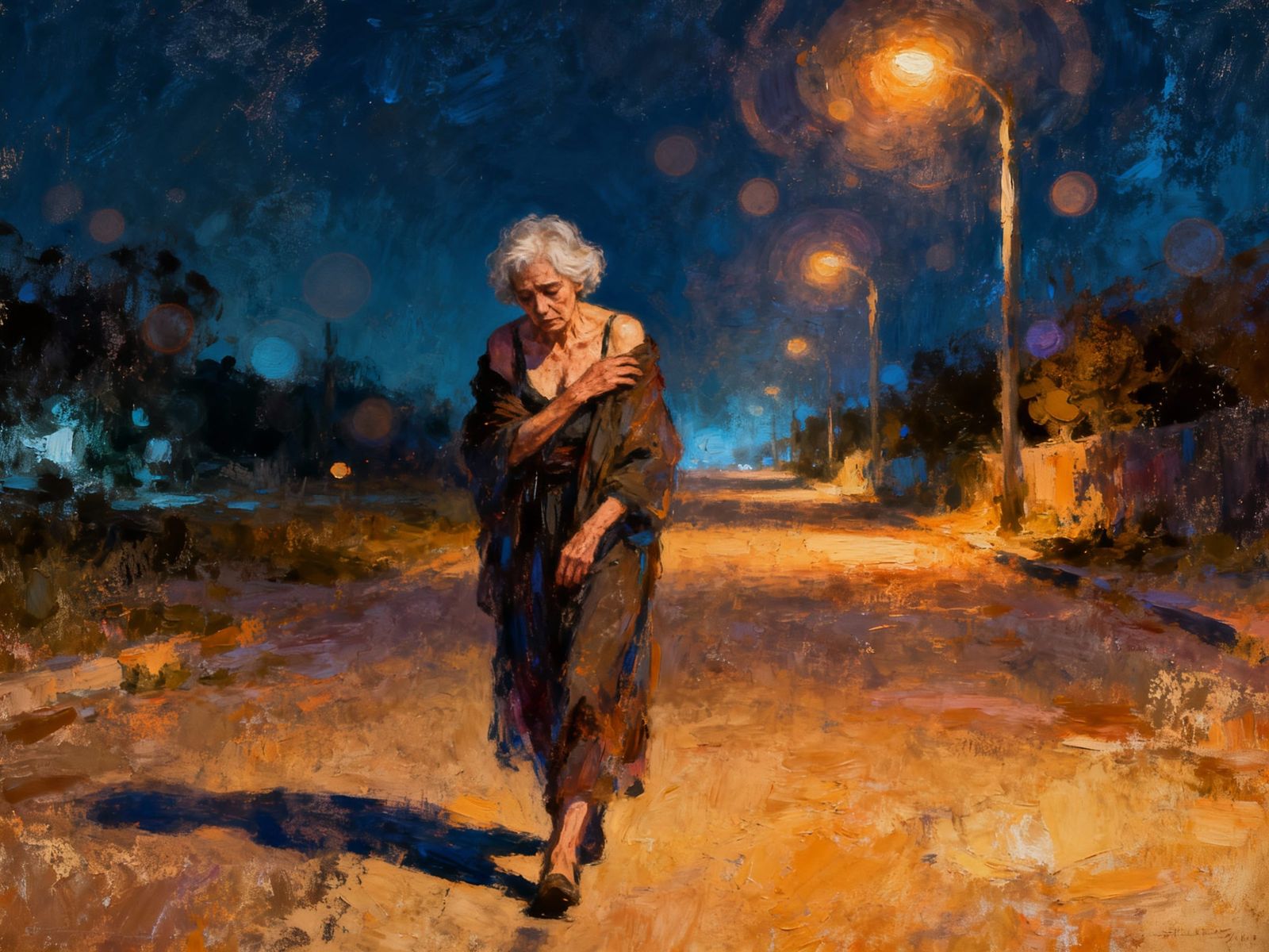 Elderly Trans Woman's Solitary Night Walk in Dreamscape