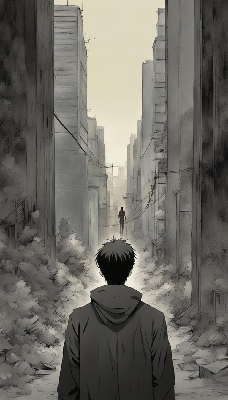 (((The protagonist on the edge of the urban abyss, symbolizi...
