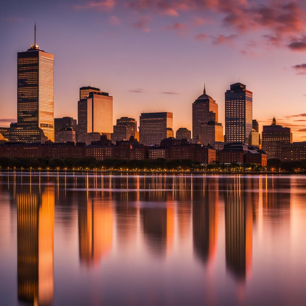 City skyline across the water at sunset in Boston