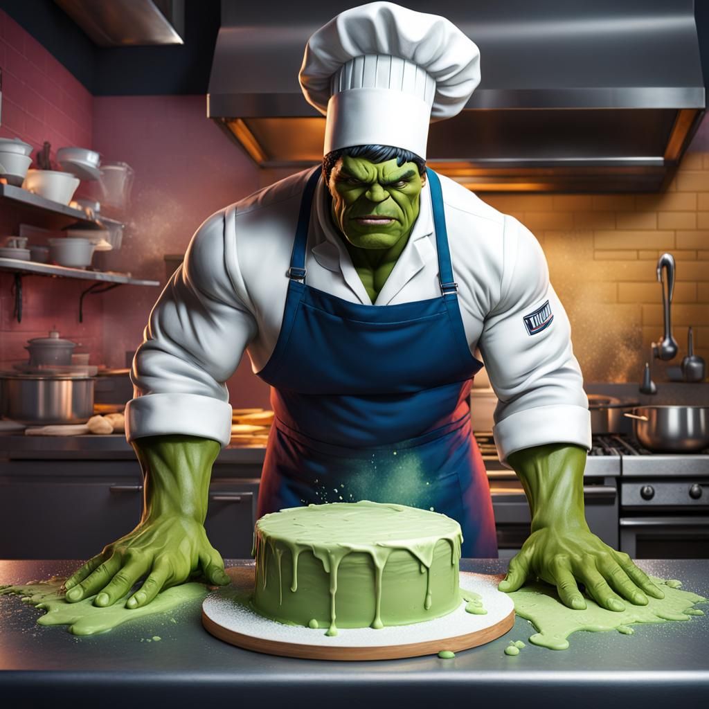 The incredible hulk dress as a chef baking a cake Hyperreali...
