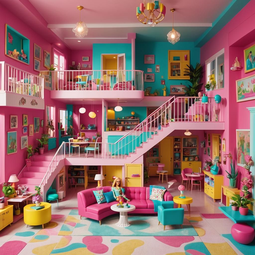 3 story tall interior cut open house in the style of mid century modern retro barbie dream house. Hot pink and/or barbie pink is dominant co...