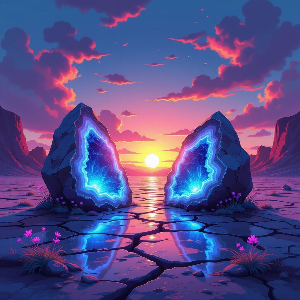 A breathtaking landscape featuring massive, crystalline agates embedded in the earth, their facets catching the light of a double sunset. St...