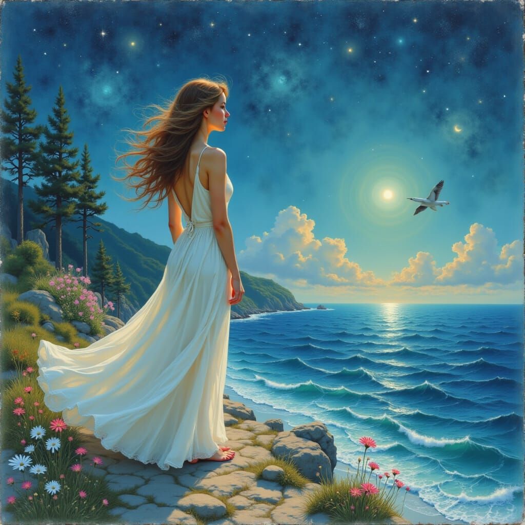 <lora:Juggernaut Art  Flux:1.0> Summer Nights by the Sea, beautiful woman, looking at the sea,  starry night, starlight moonlight, watercolo...