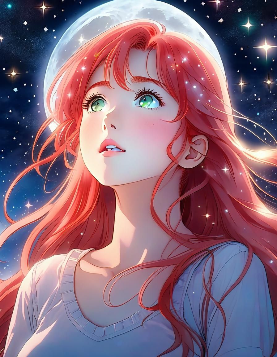 長い赤い髪と緑の目をしたとても美しい日本の女の子が星空を見上げています (アニメスタイル)