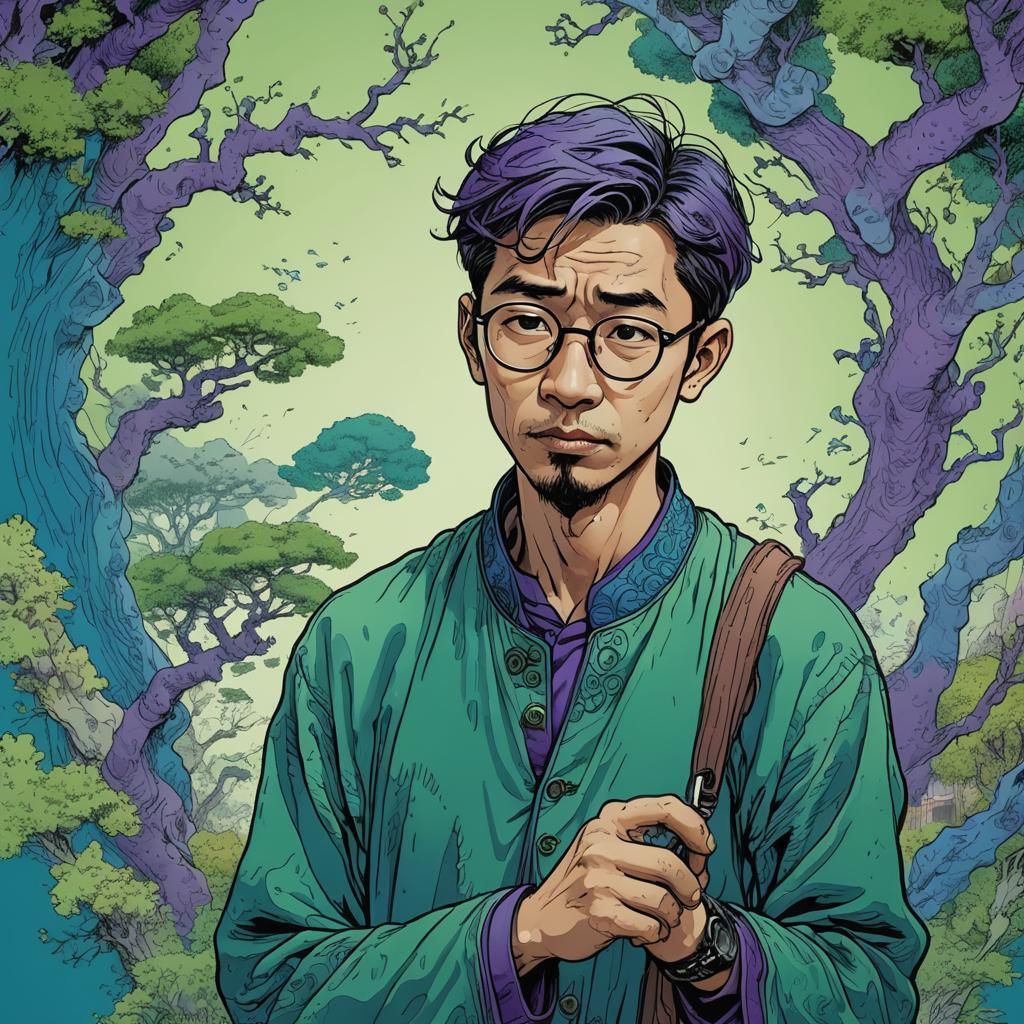 An oriental man, 30 years old, wearing glasses, blue, green ...
