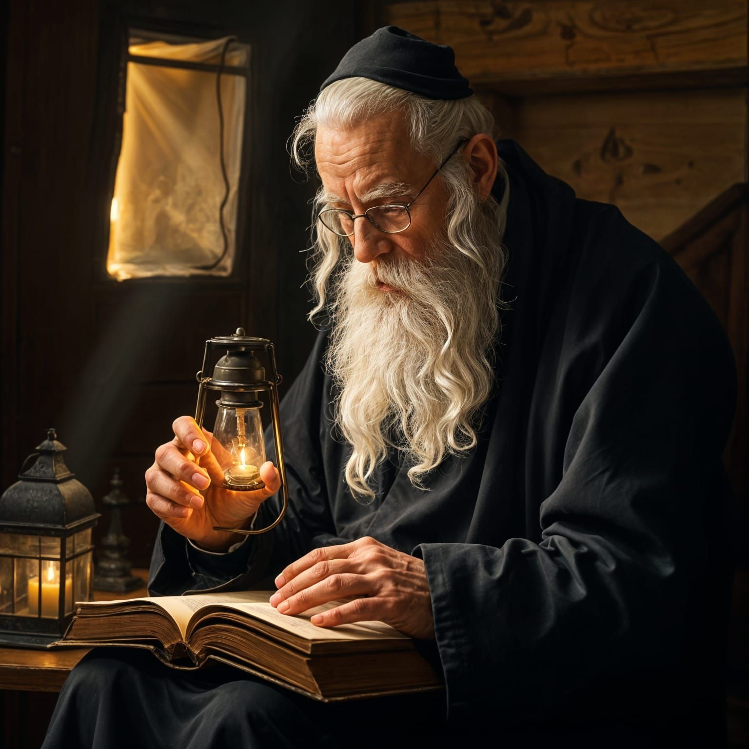 Elderly Hasidic Rabbi Studies Talmud by Lantern Light