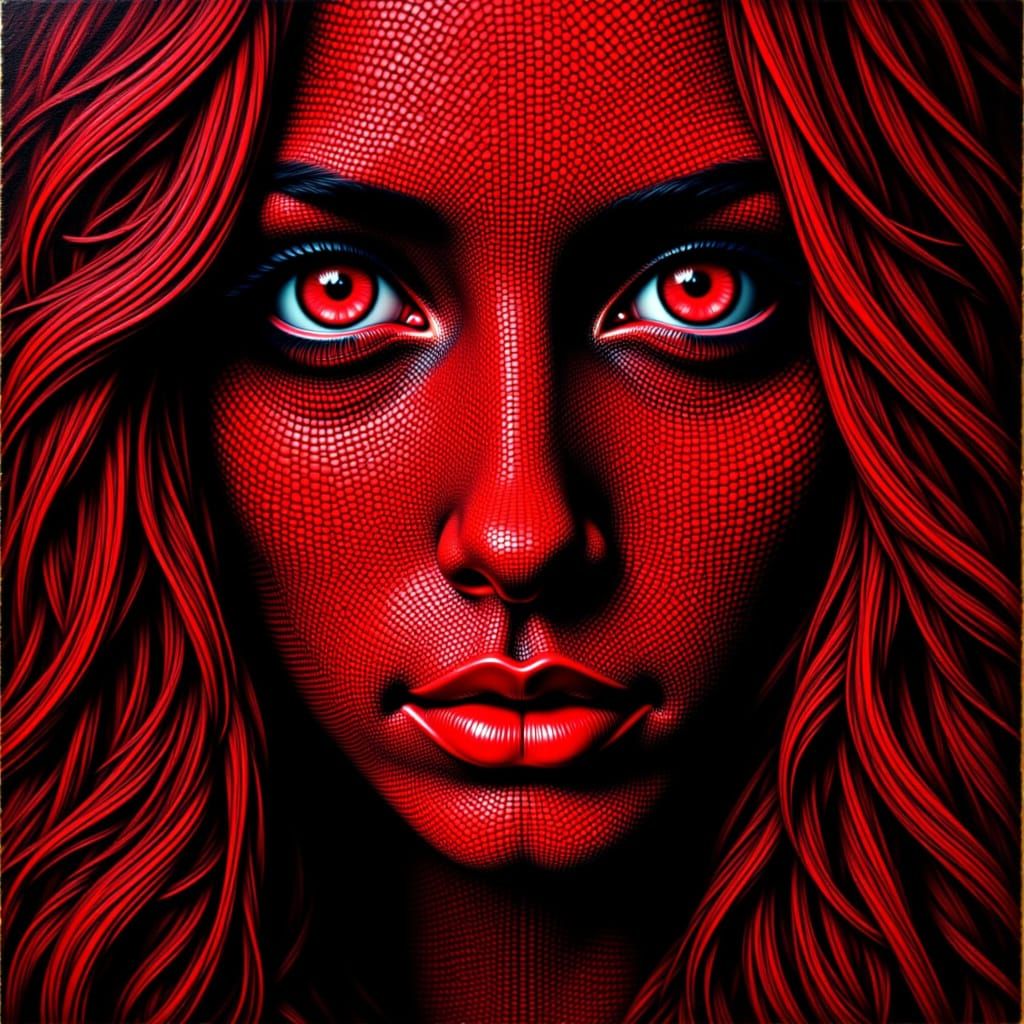 <lora:Black-Red Textures:1.0> pointillism red and black mc escher textures, infinite dream magic <lora:The Red Touch of Red:1.0> portrait in...