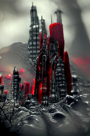 mountain city of darkness and blood red lights