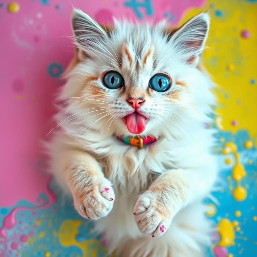 Whimsical White Cat in a Vibrant Paint Splash