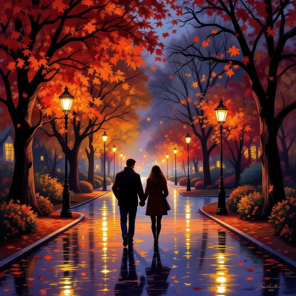 Romantic Autumn Couple Walk Under Glowing Streetlights