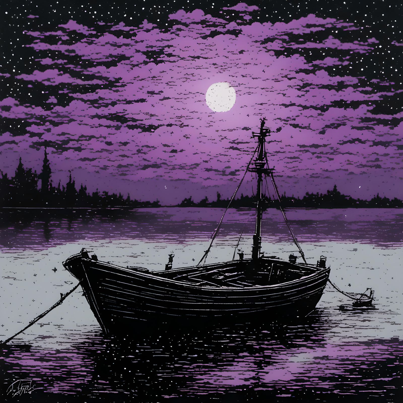 boat, nighttime, purple, grey, <lora:Poison Ivy:1.0> 