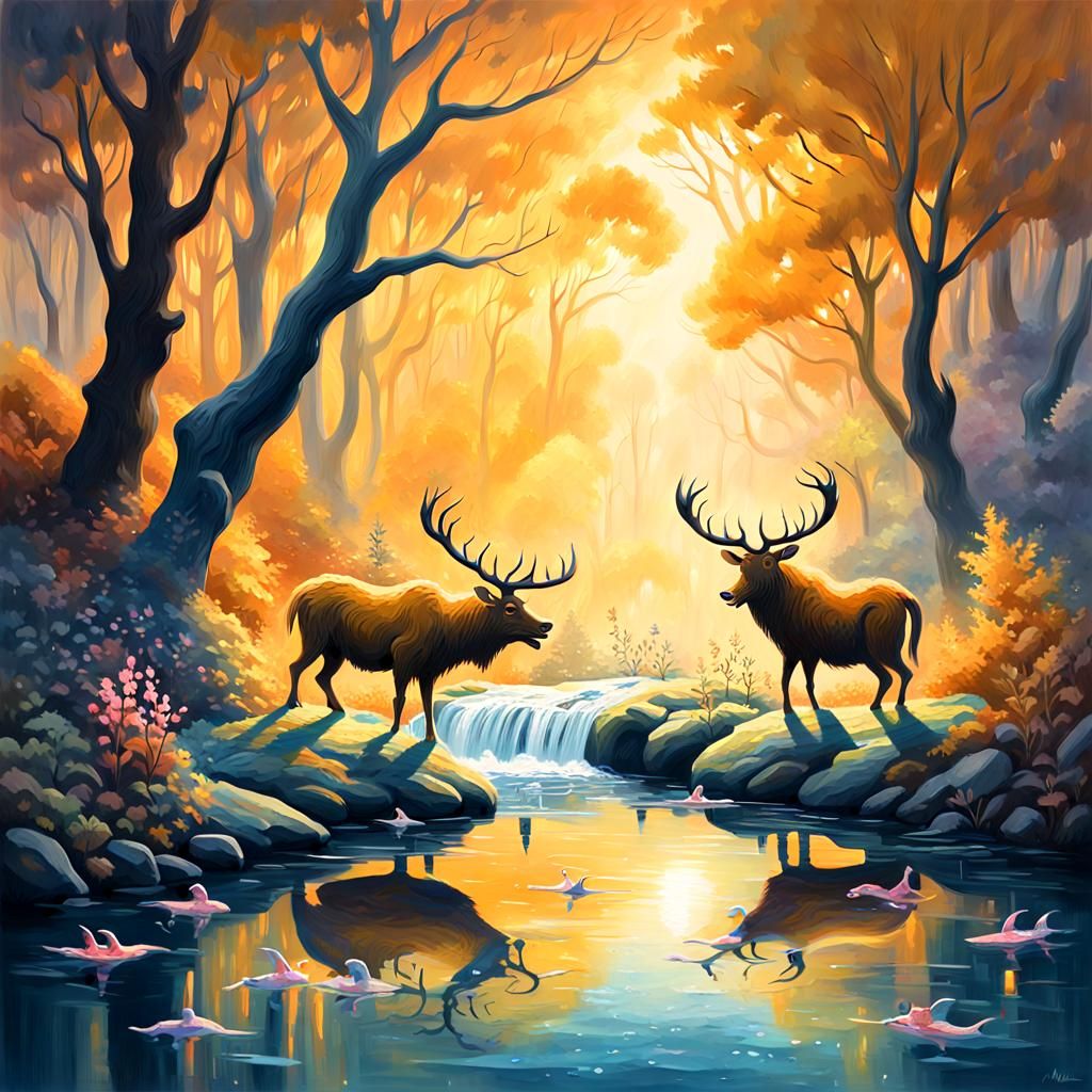 Dreamlike River with Fantastical Creatures: Impressionist Go...