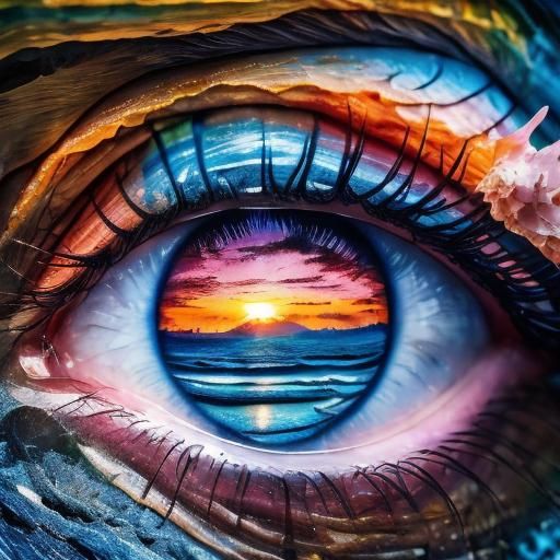 "macro shot of “ocean <lora:Eyeeezzzzz:1.0> inside an eye" double exposure collage art illustration, silhouette art, fantasy, hdr, vibrant,...