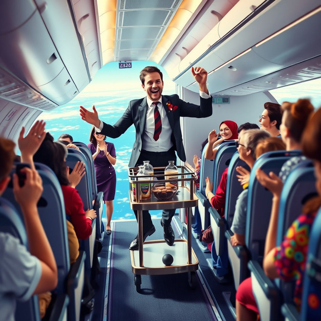 Flight Attendant's Whimsical Dance Above the Ocean