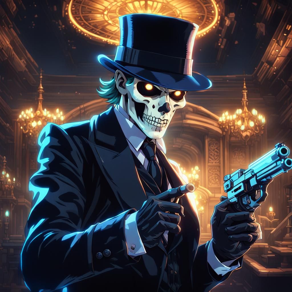 An anime villain holding a skull gun pointed at the viewer - AI ...