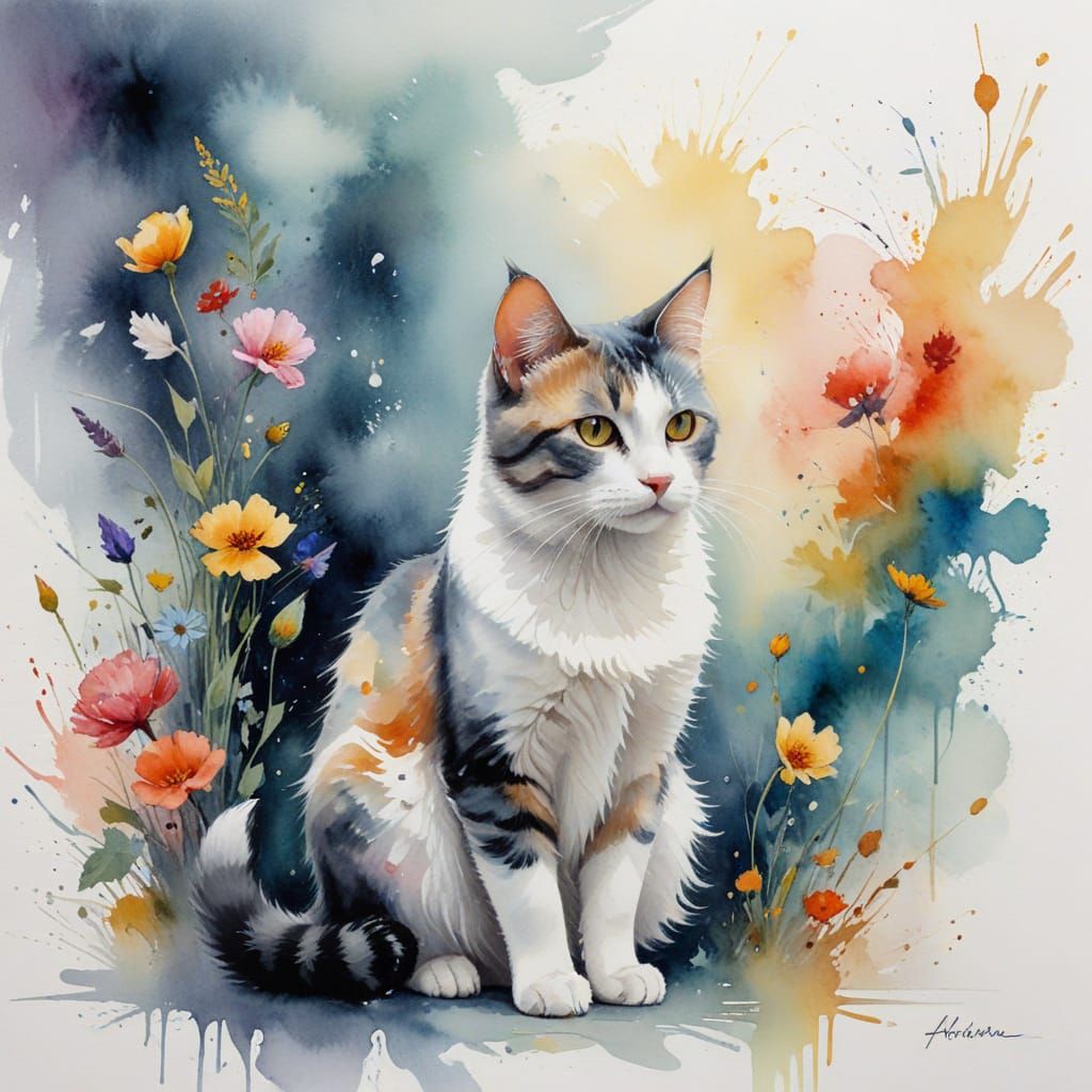 Cat Artist Painting Canvas in Watercolor Style