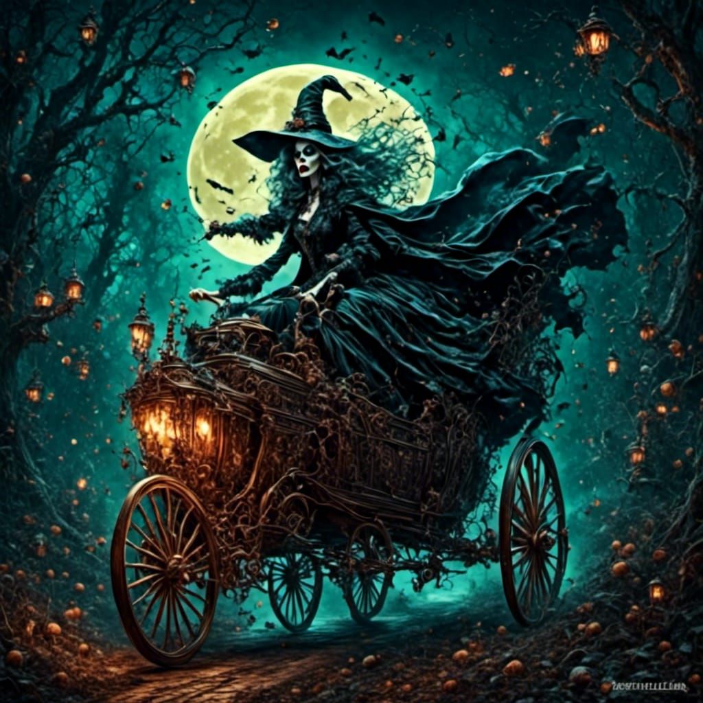 An Ed Roth style painting of a witch in a coffin dragster on...