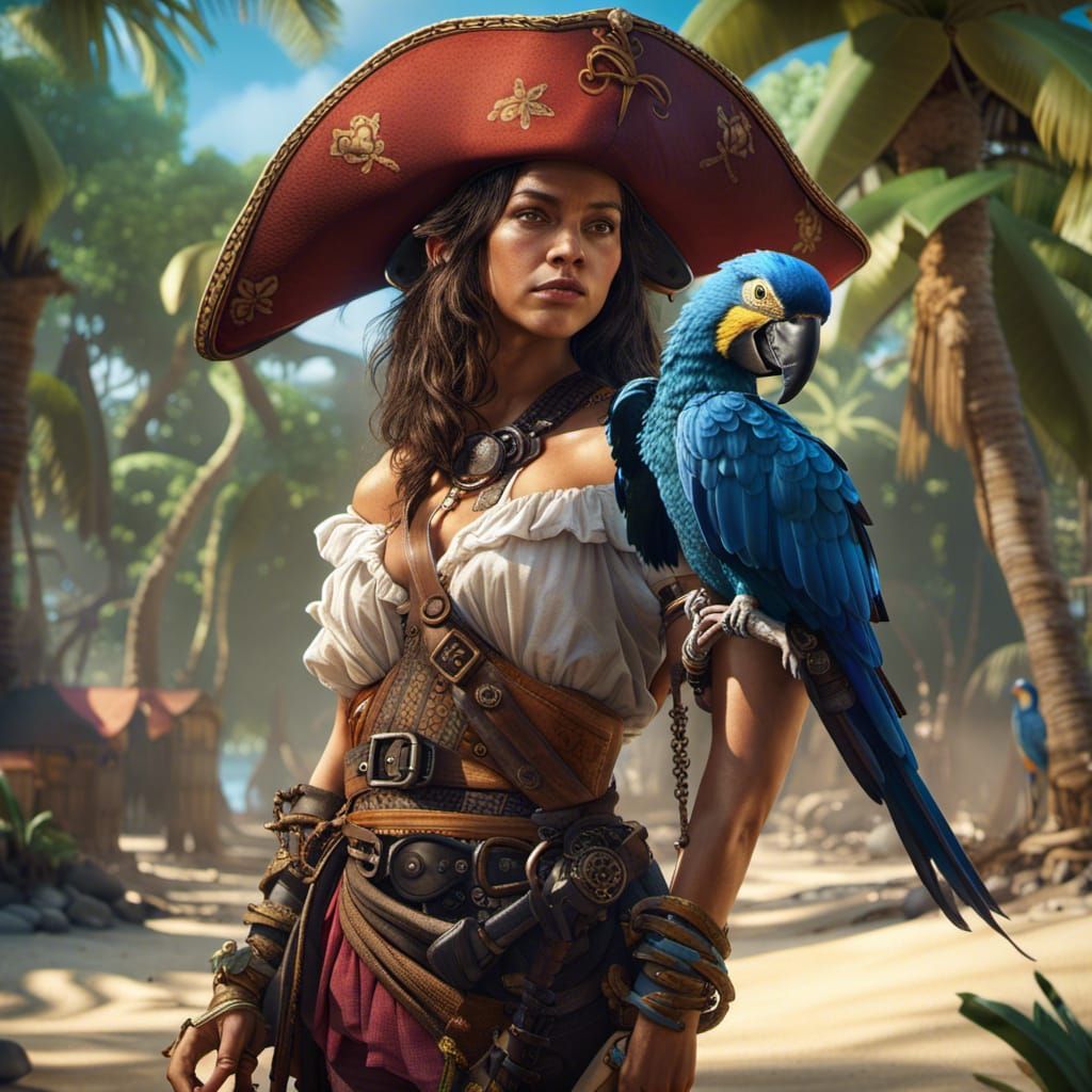 Female pirate in tropical beach with a hyacinth macaw on sho...
