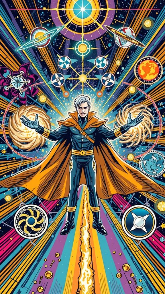 A cosmic scientist manipulating glowing, swirling energy with their hands, intricate energy lines and geometric patterns radiating outward,...