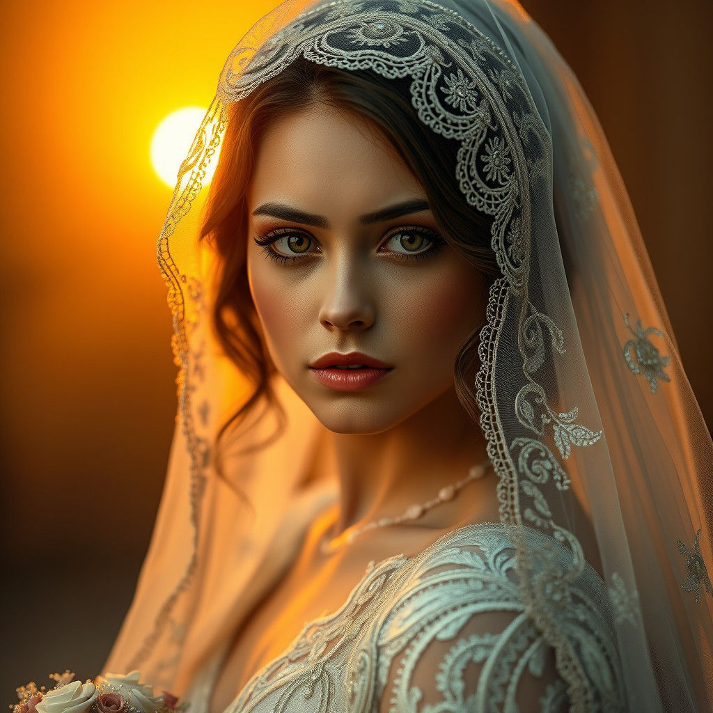 Enigmatic Bride in Golden Light, Hyperrealistic Digital Art