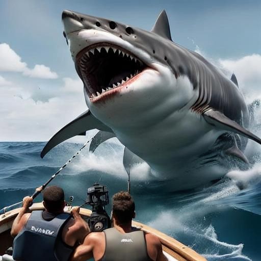 Ginormous shark rising out of the ocean, threatening fishermen. - AI ...