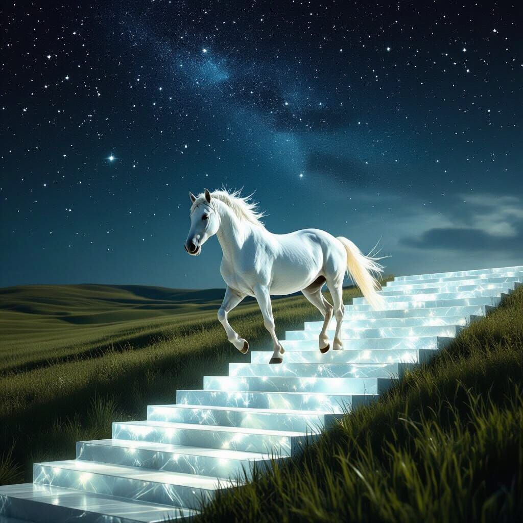 A white stallion running up translucent stairs to the stars above a green prairie 