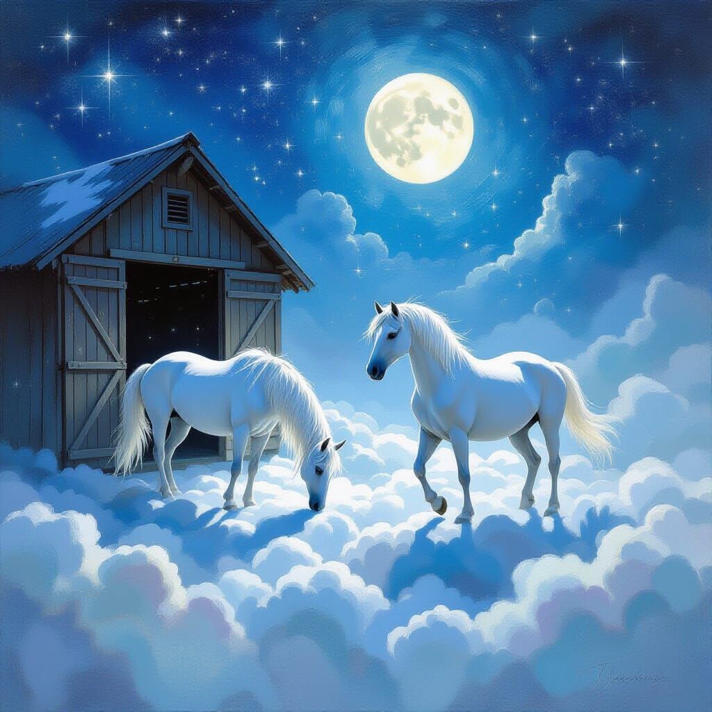 Ethereal Horses in Celestial Stable: Impasto Painting