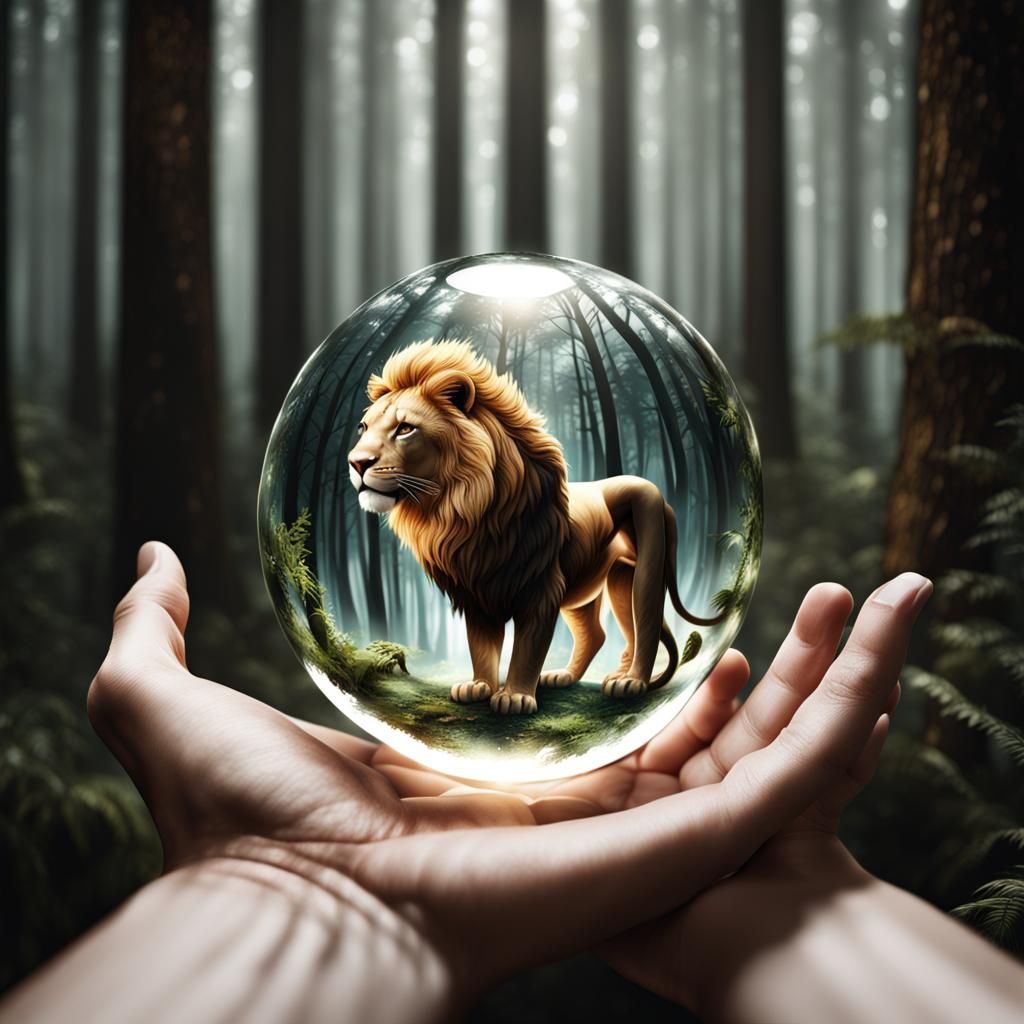 two hands  holding a glass sphere , the sphere contains a su...