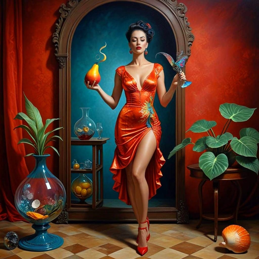 Vibrant Surrealist Portrait of a Happy Lady in Exotic Surrou...