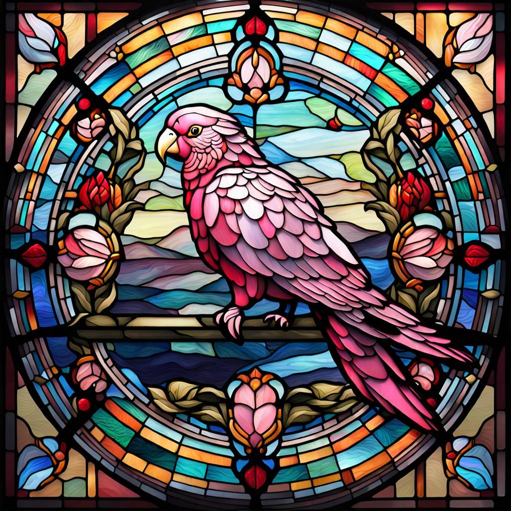 STAINED GLASS-ROUND GALAH-BIRD DETAILED. detailed matte painting, deep ...