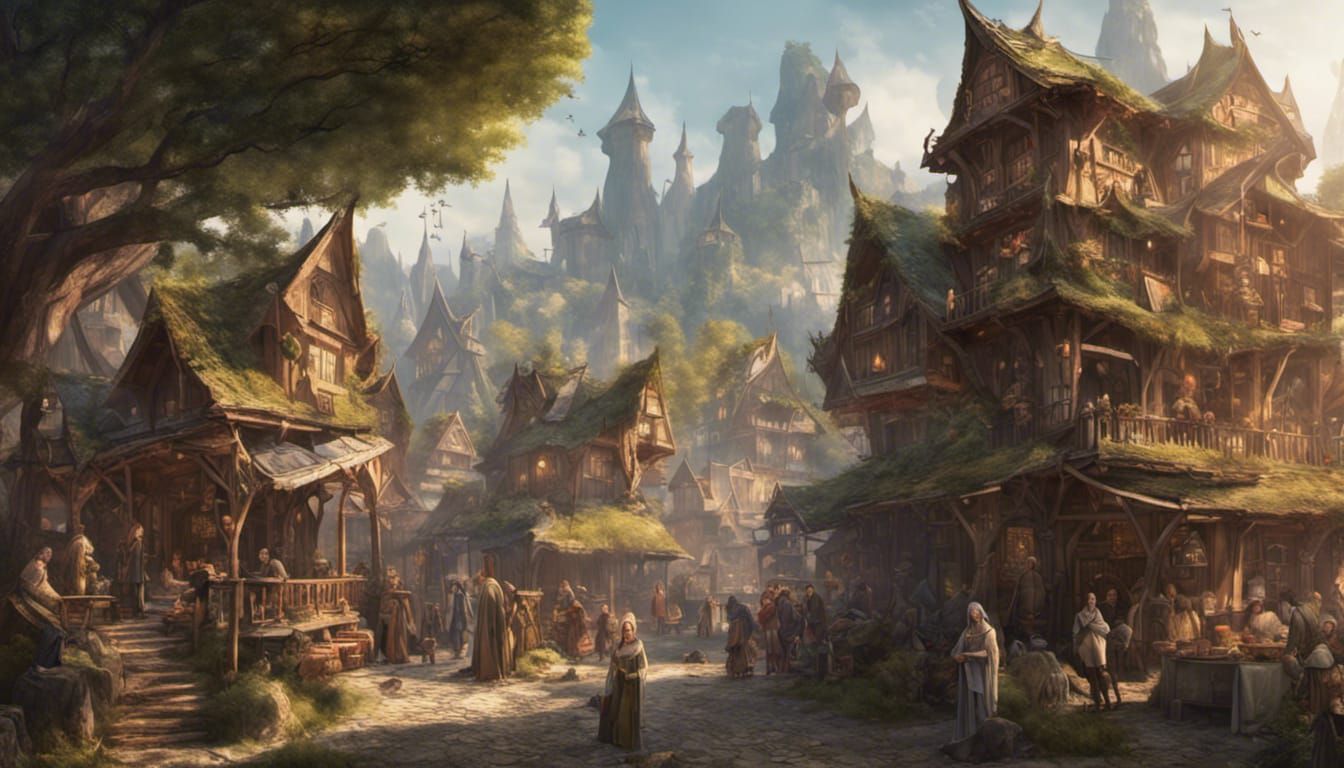 Busy medieval elven marketplace in a town of treehouses - AI Generated ...