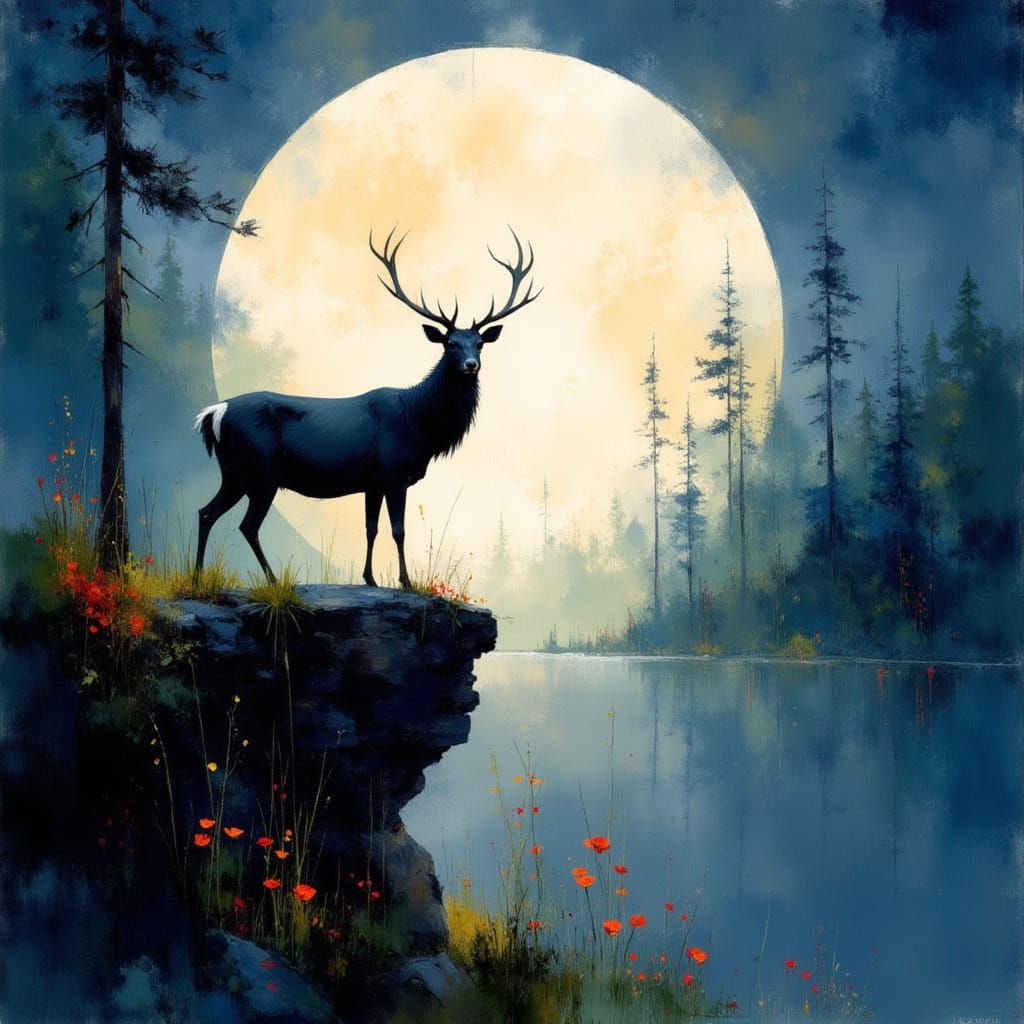 A silhouetted stag on a cliff in the night  by @axelb