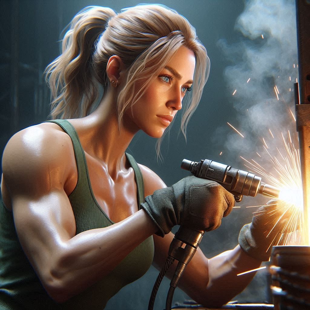 Cassie Cage arc welding a metal pipe without protection