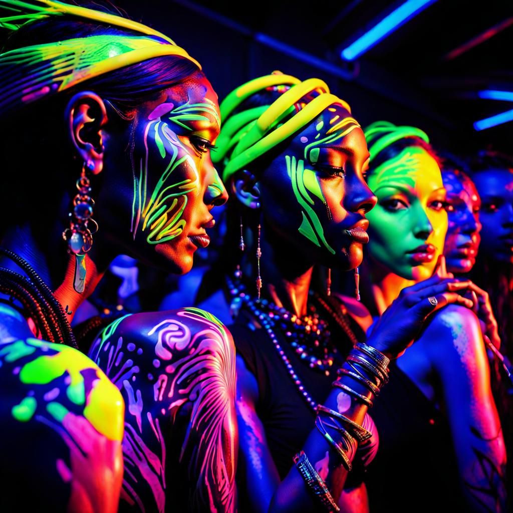 Ibiza Club Dancers Glowing In Black Light - Ai Generated Artwork 