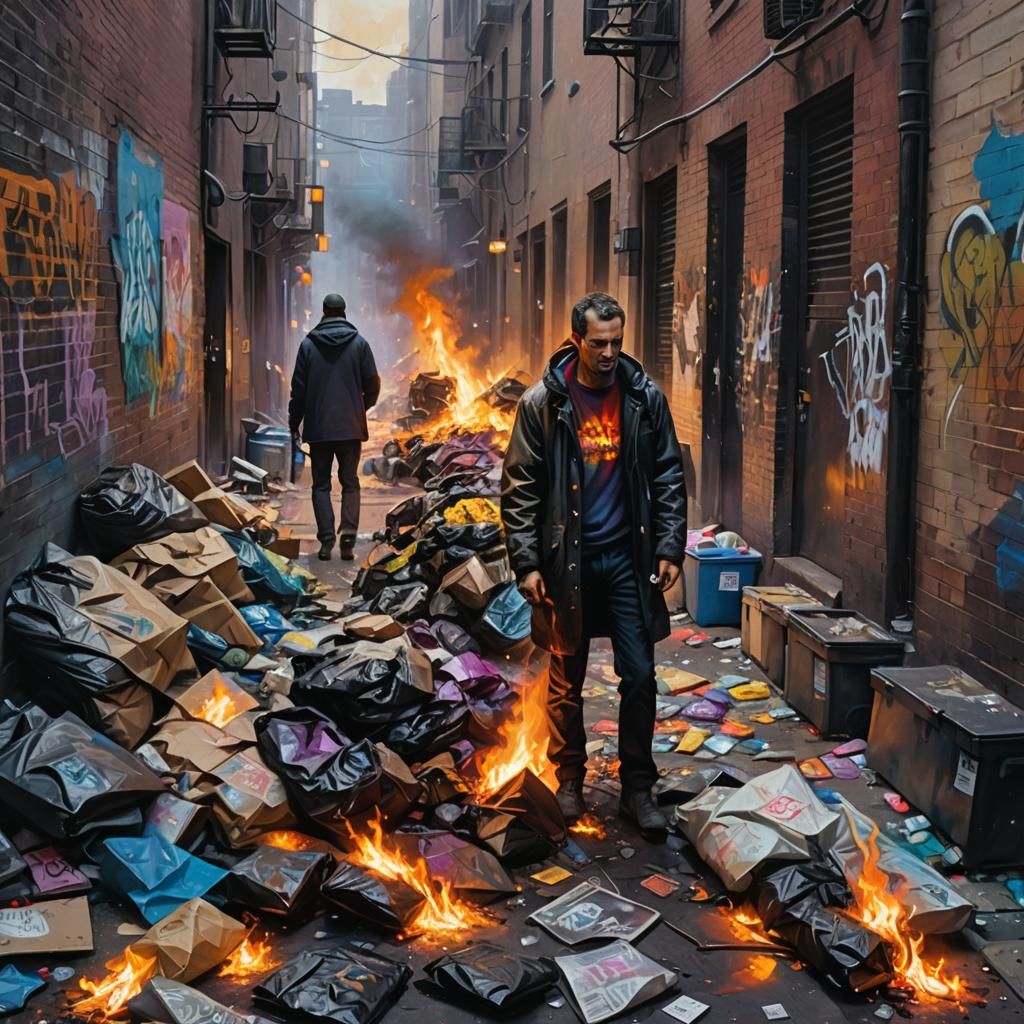 Burning Trash in City Alley, Street Art Style
