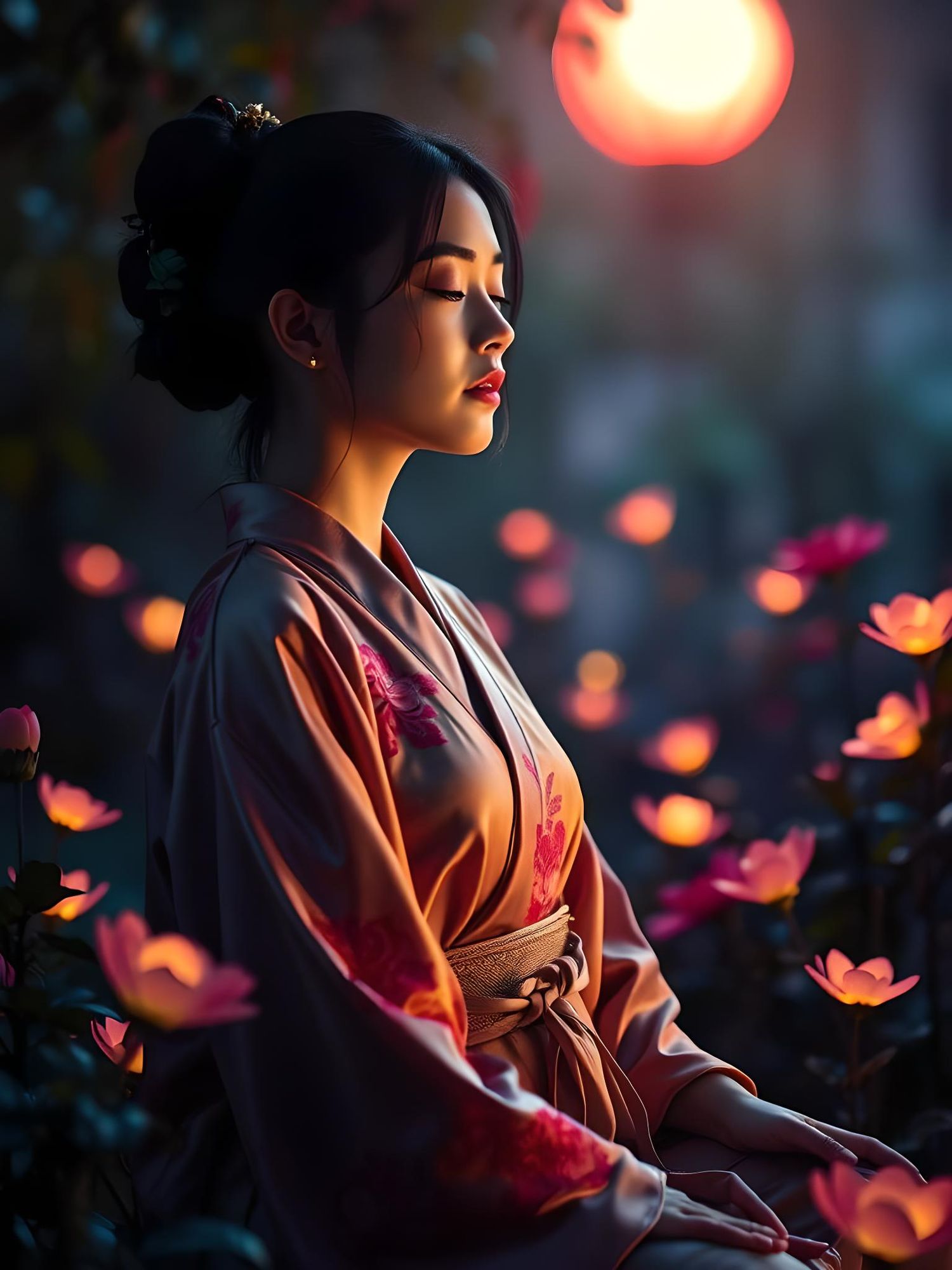 Young woman in silk kimono meditates in the garden of glowing flowers, dim light, cinematic lighting and colors 