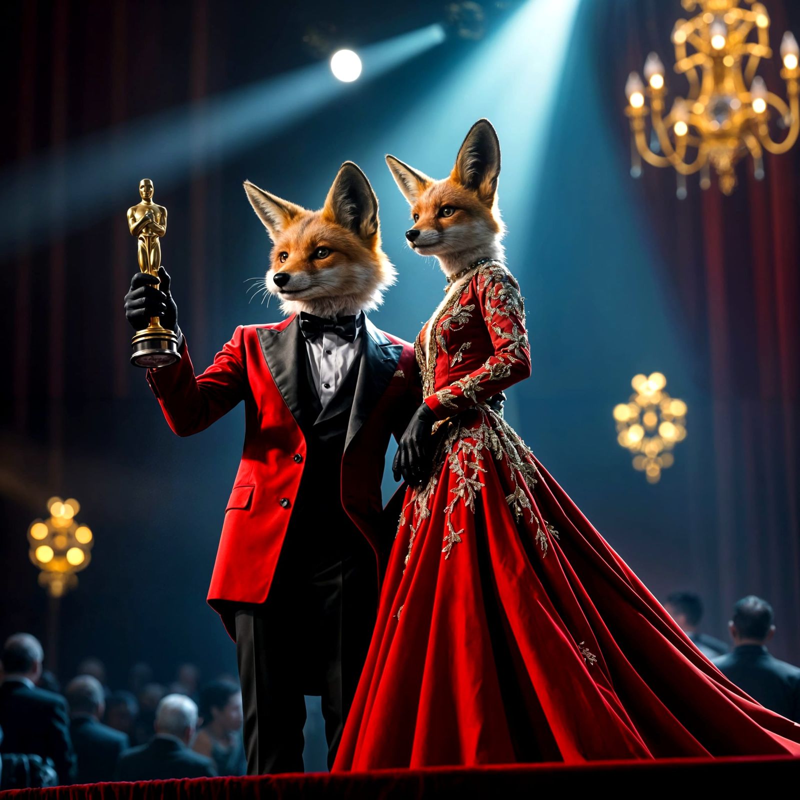 An ultra glamorous scene of an anthropomorphic fox and his girlfriend at the Oscars gala accepting the ...  by @Berserk89