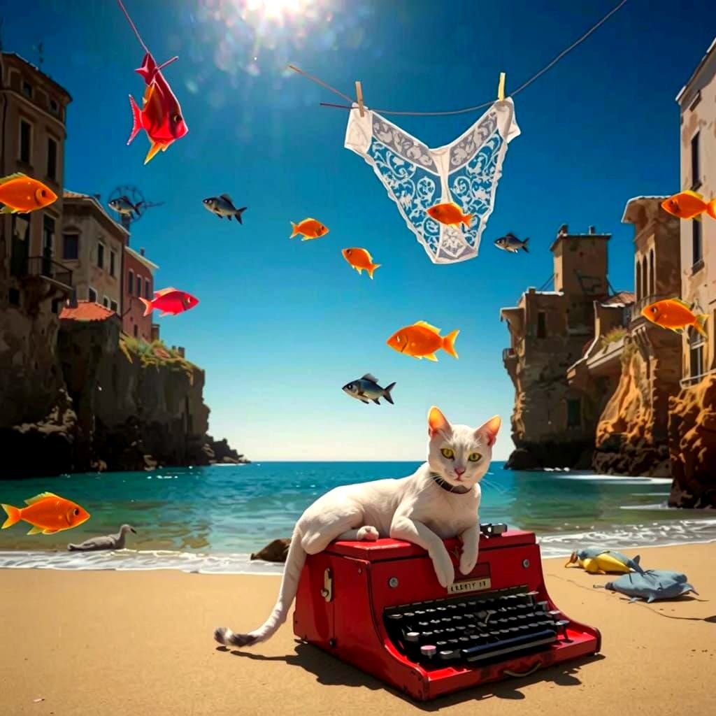 Whimsical Surreal Landscape with Flying Fish and Fanciful Cr...