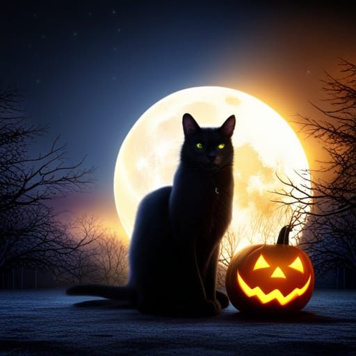 Spooky big Halloween black cat having a cat party on a dark moonlit ...