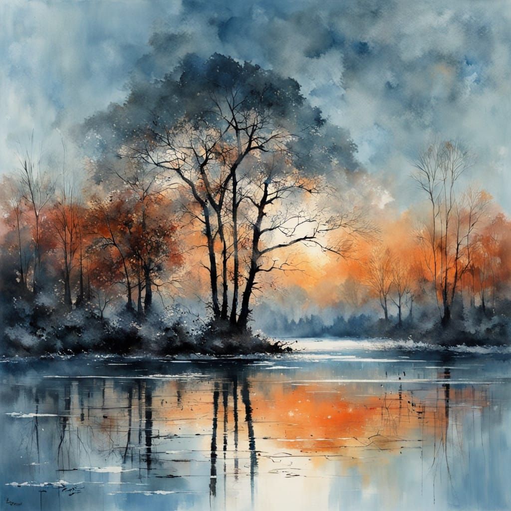 icy blue lake in the red copper sunset  by @Mapont