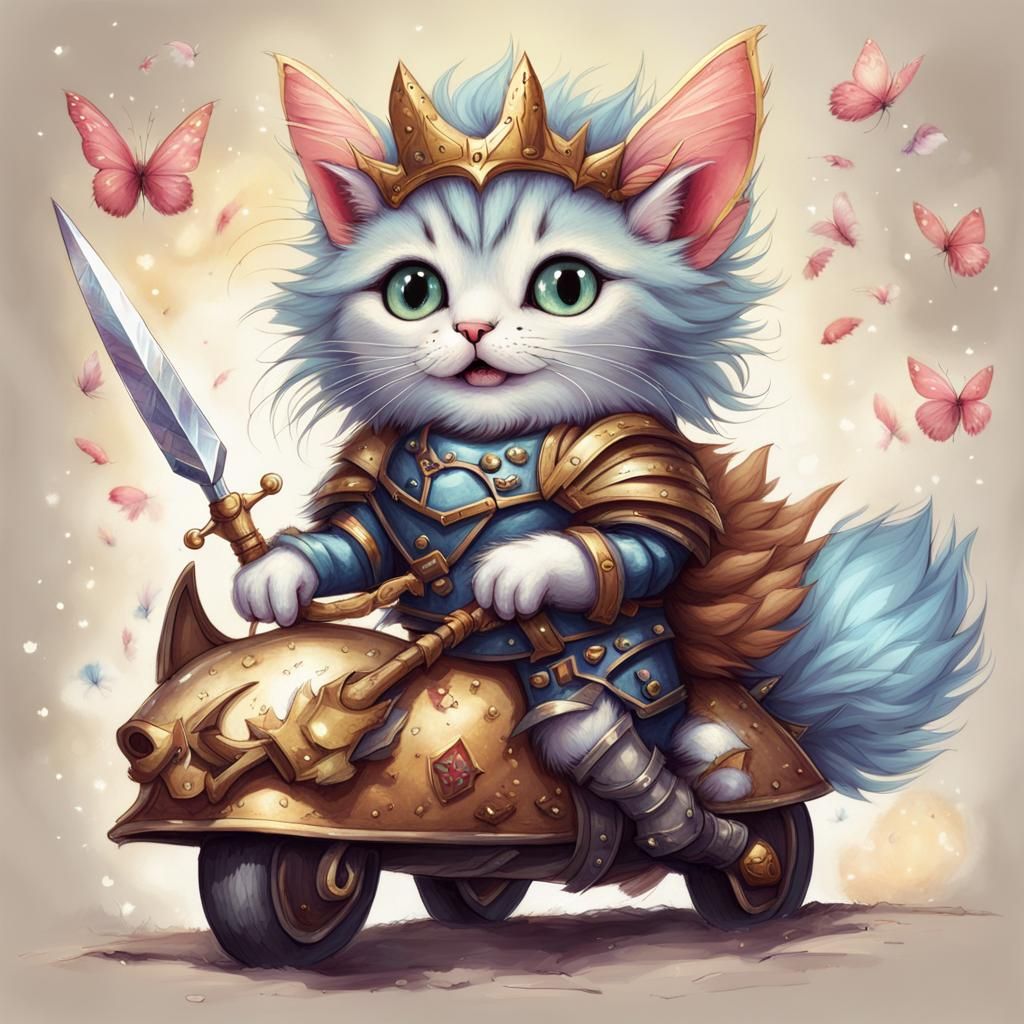 A wild furry fluffy kitten wearing shining armor. Whimsical....