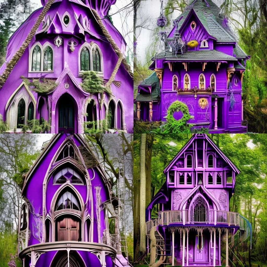 Whimsical purple Gothic treehouse with Gothic windows& rope ladder