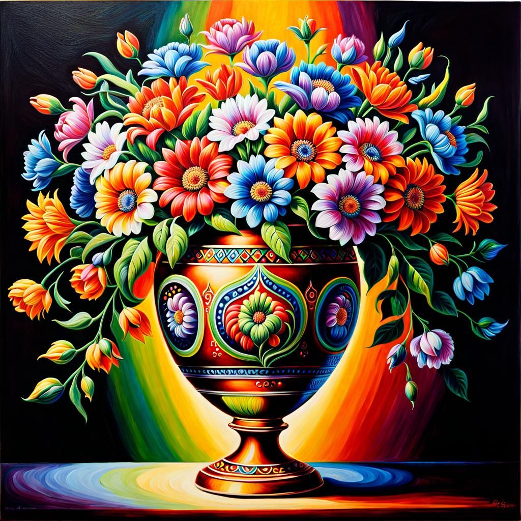 An oil painting of an intricately patterned detailed vase fi...