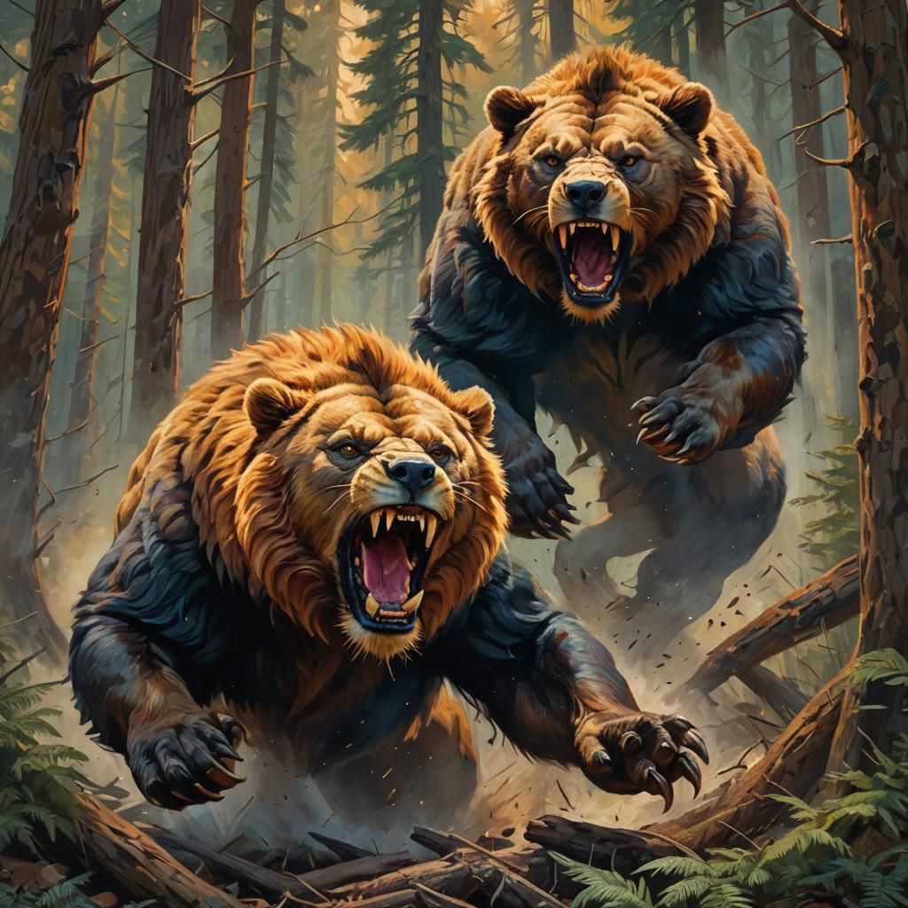 Furious Bear vs Charging Lion in Forest