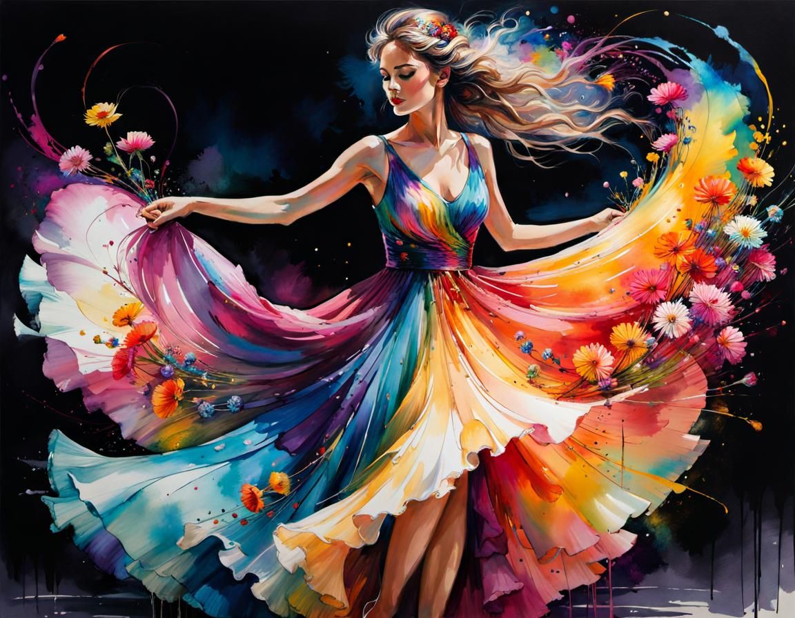 a impressionism painting of a woman , wearing long twirling ...